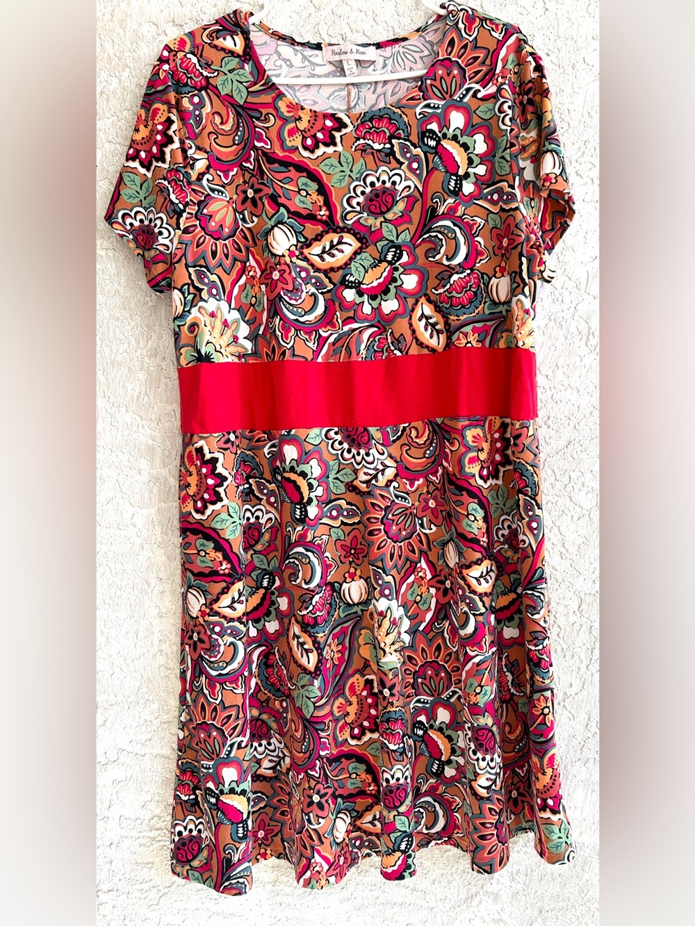 Red Paisley-Print Midi Dress with Red Waistband - Picture 1 of 8